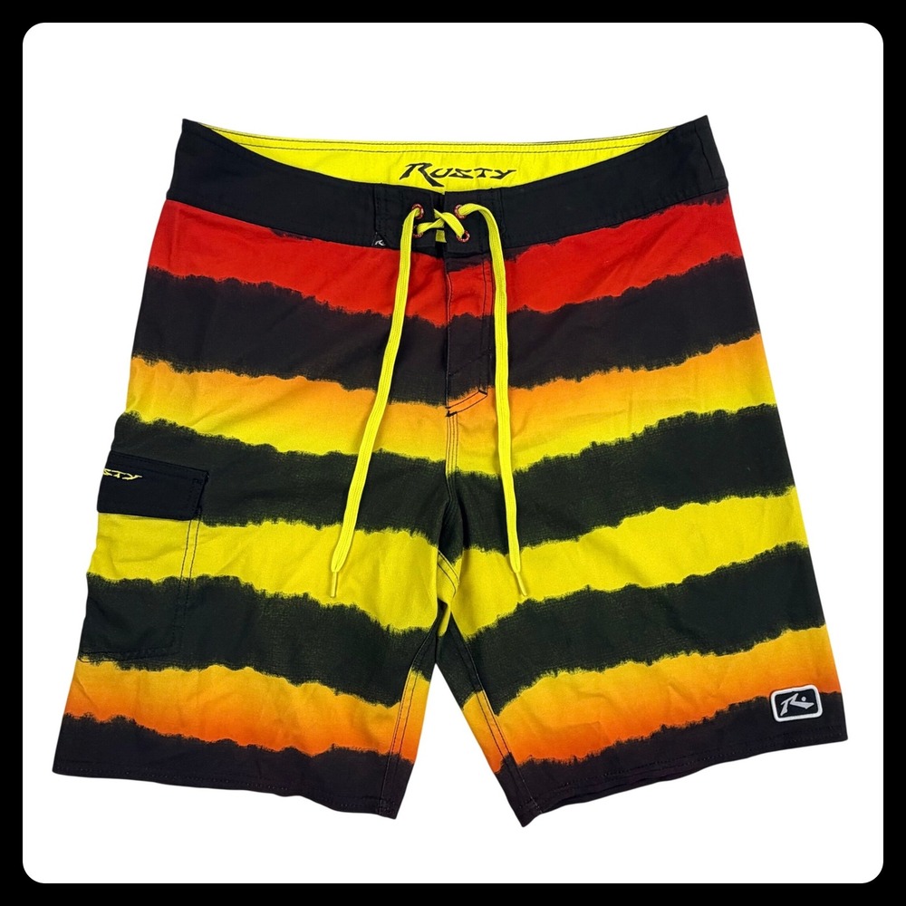 Rusty Boardshorts Men 34 Large Red Yellow Striped Swim Cargo Pocket Beach Y2K